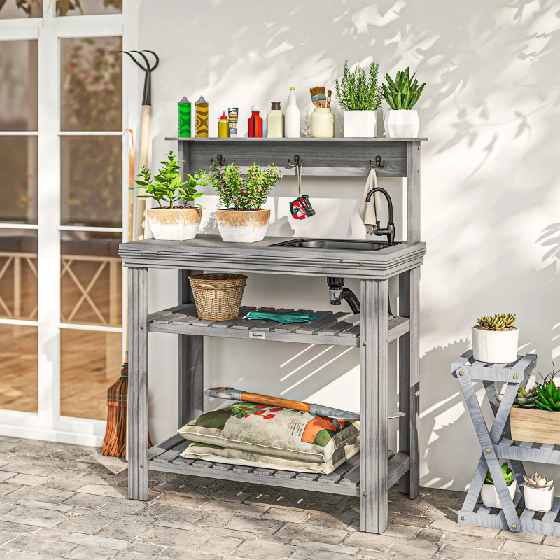 Outsunny Outdoor Potting Bench Table with Faucet, Removable Sink, Hooks and Storage Shelves, Wood Work Bench Workstation, Grey
