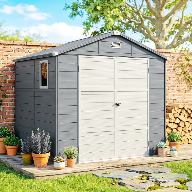 Outsunny 8' x 6' Plastic Garden Storage Shed with Latch Door, Vents, Sloped Roof, Dark Grey
