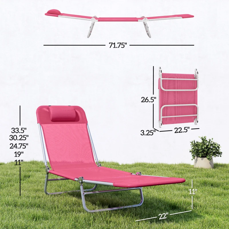 Outsunny Folding Chaise Lounge Chair, Portable Tanning Chair with Adjustable Backrest, Pillow for Beach Poolside Patio, Pink