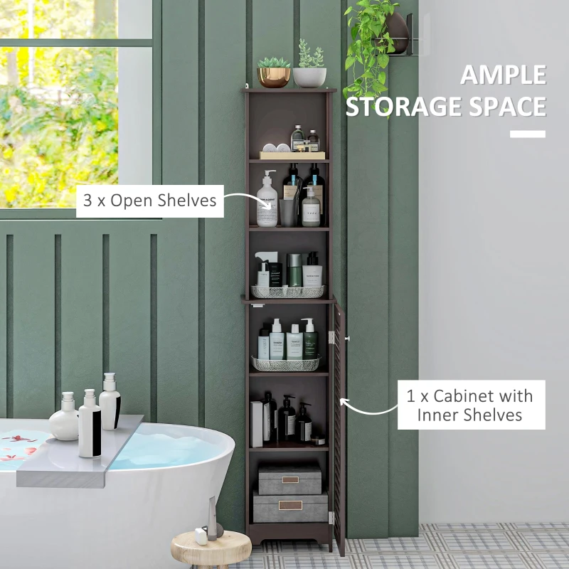 HOMCOM Tall Bathroom Storage Cabinet, Freestanding Linen Tower with 3-Tier Open Adjustable Shelf, Dark Brown