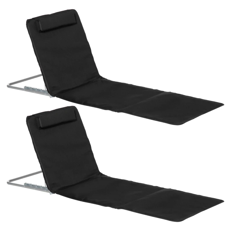 Outsunny 2 Pieces Beach Lounge Chair, Outdoor Folding Chaise Lounge Set w/ Pillow for Sunbath, Snap, Beige