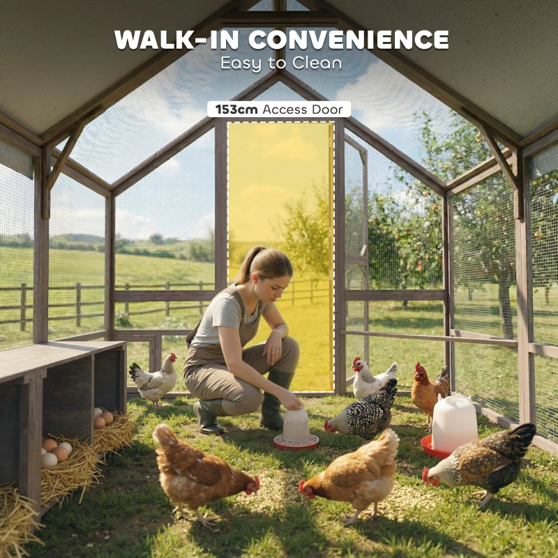 PawHut Large Wooden Chicken Coop for 8-10 Hens, Walk-in Chicken Run with Waterproof Cover, Nesting Boxes and Perches