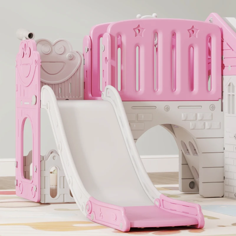 Qaba 7-in-1 Toddler Slide, Kids Slide Climber Playset with Playhouse and Basketball Hoop for 1-4 Years, Pink