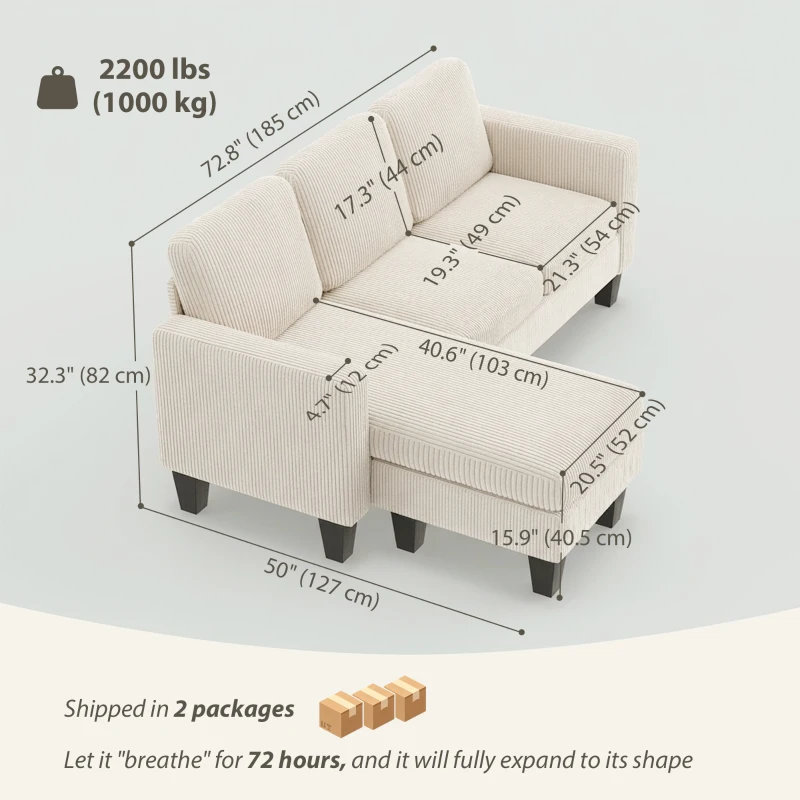 HOMCOM Sectional Sofa, L Shaped Couch, with Changeable Chaise or Ottoman, Cream White