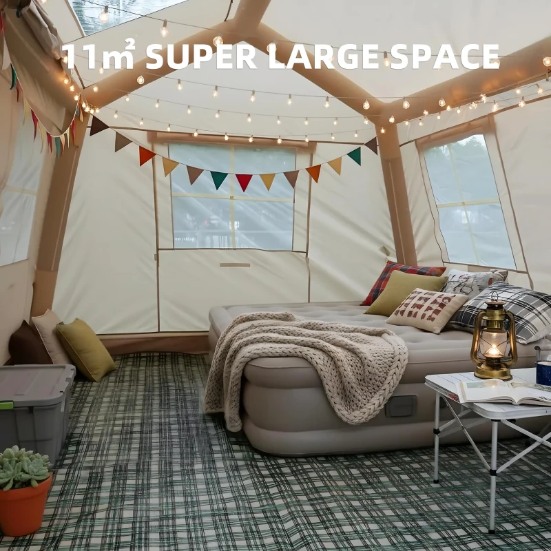 Modern Camping Tent with Quick-Inflate 2-Room Design, 4-Season Waterproof Family Tent with Hand Pump, 157.5″ L x 108″ W x 78.5″ H, Beige
