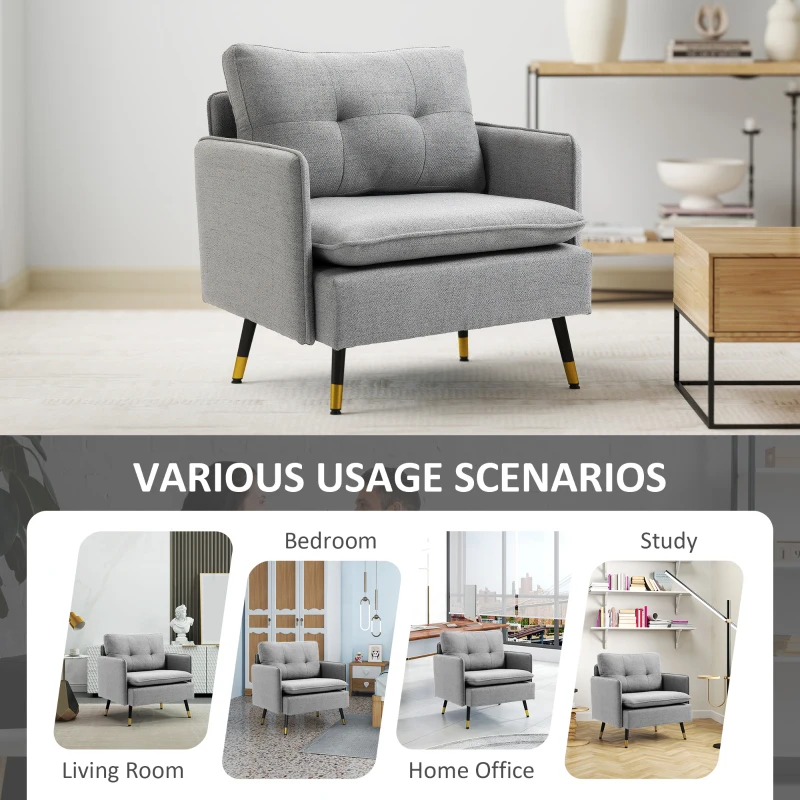HOMCOM Accent Chair, Upholstered Armchair with Tufted Back Cushion and Steel Legs for Living Room, Bedroom, Grey