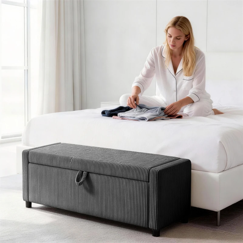 HOMCOM Storage Ottoman, Upholstered Corduroy End of Bed Bench with Thick Padding, Storage Bench for Bedroom, Dark Grey