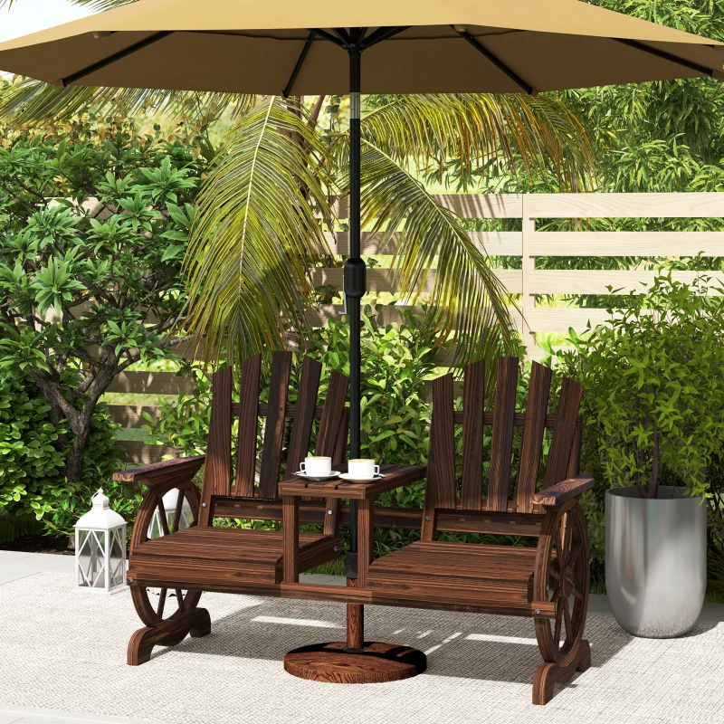 Outsunny Wooden Outdoor Loveseat, Wagon Wheel Outdoor Bench with Table, Carbonized