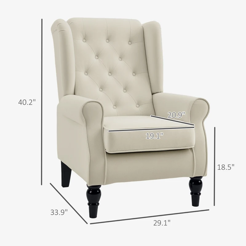 HOMCOM Button-Tufted Accent Chair with High Wingback, Rounded Cushioned Armrests and Thick Padded Seat, Cream White
