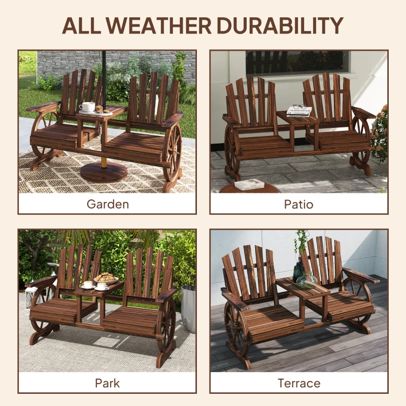 Outsunny Wooden Outdoor Loveseat, Wagon Wheel Outdoor Bench with Table, Carbonized
