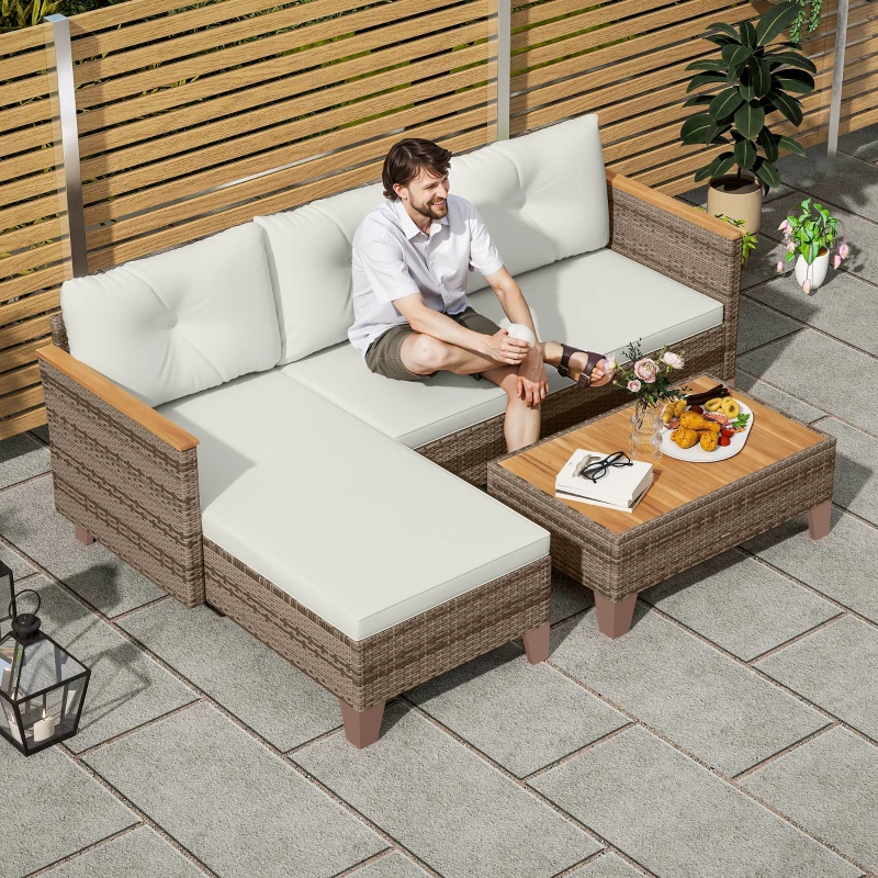 Outsunny 3 Piece Patio Furniture Set, L-Shaped Outdoor Furniture Conversation Set with Wood Top Coffee Table, Cream