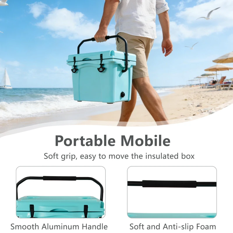 25QT Portable Insulated Hard Cooler with 5-7 Day Ice Retention, Camping Cooler Box for Outdoor Use, 21.5″ L x 15.5″ W x 15.5″ H, Turquoise