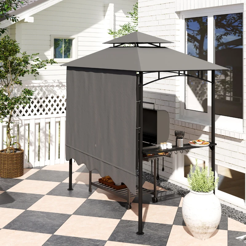 Outsunny 8' x 7.6' Grill Gazebo, Double Tiered Barbecue Grill Gazebo Shelter w/ Side Awning, 2 Side Shelves, 6 Hooks, Dark Grey