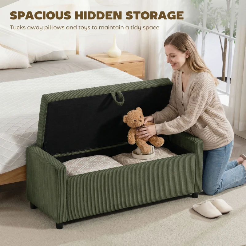 HOMCOM Storage Ottoman, Upholstered Corduroy End of Bed Bench with Thick Padding, Storage Bench for Bedroom, Dark Green