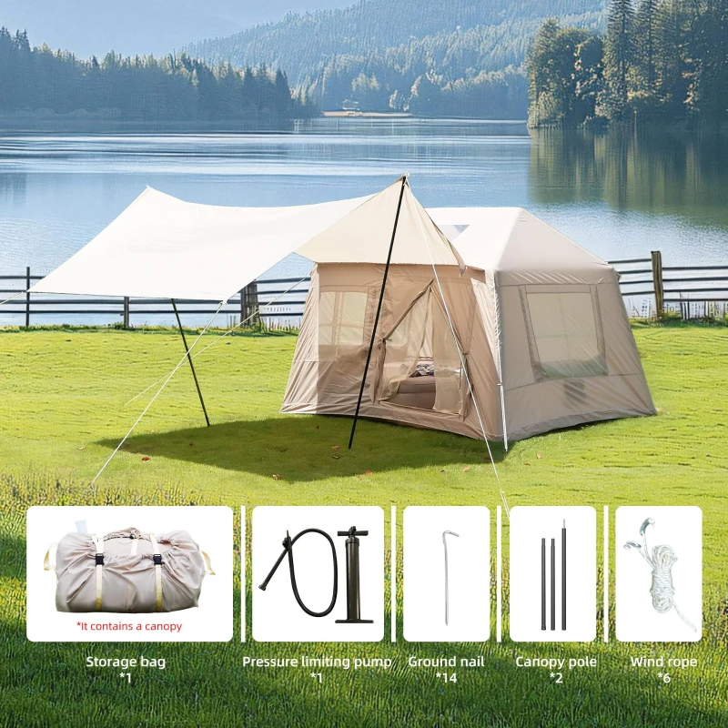 Inflatable 4-Season Camping Tent with Easy Setup, Windproof Family Tent with Skylight Top, 102.5″ L x 86.5″ W x 71″ H, Beige