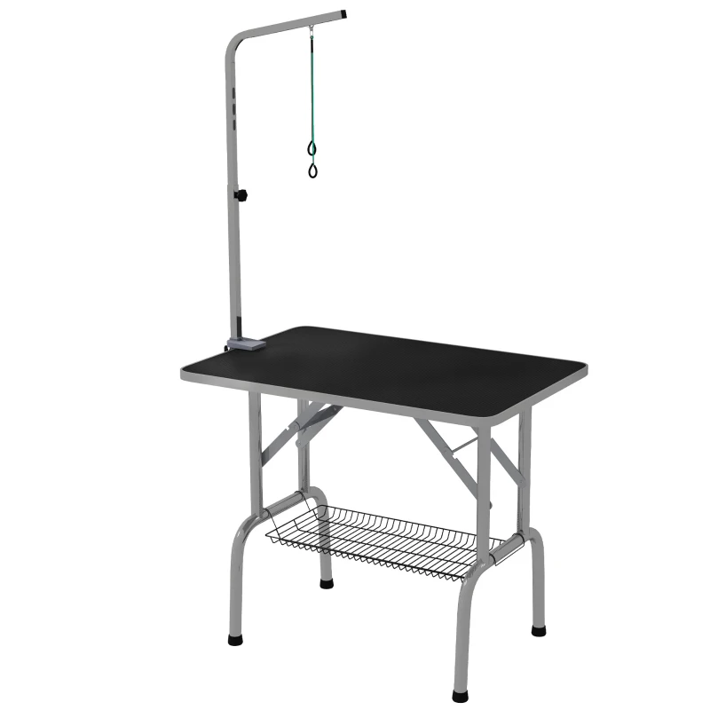 PawHut Foldable Grooming Table for Dogs with Height Adjustable Grooming Arm, Storage Shelf, Black