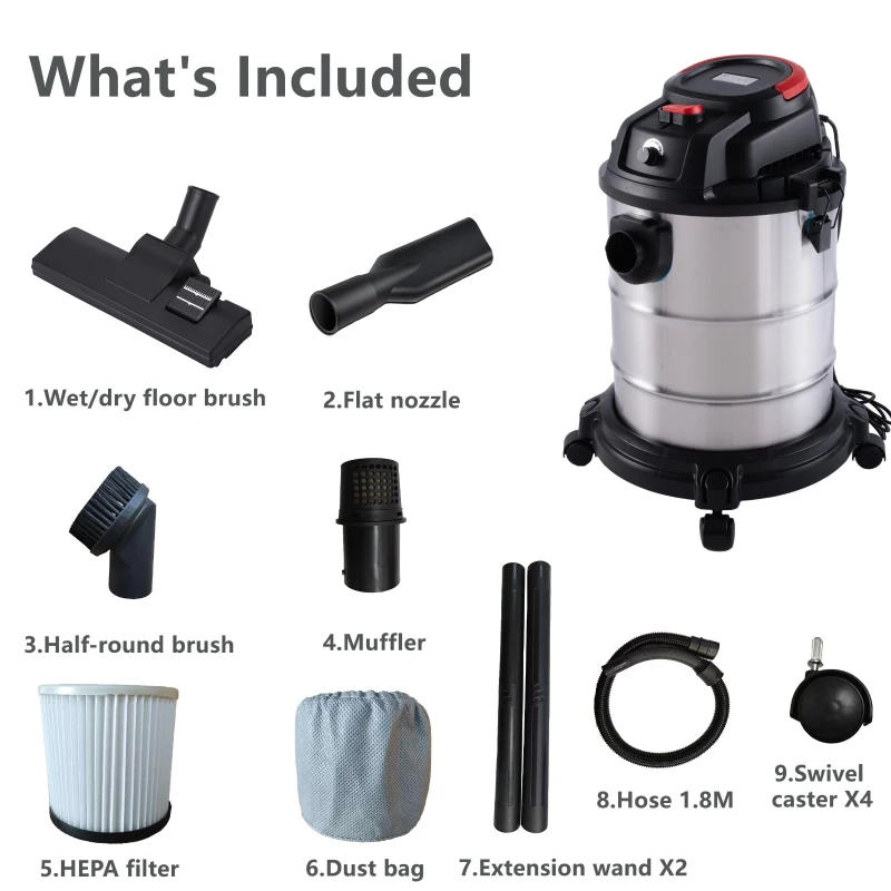 3-In-1 Shop Vacuum with 32mm Universal Nozzle & 360° Swivel Casters, One-Click Blower for Home, Garage, 14″ L x 14″ W x 21.5″ H, Black