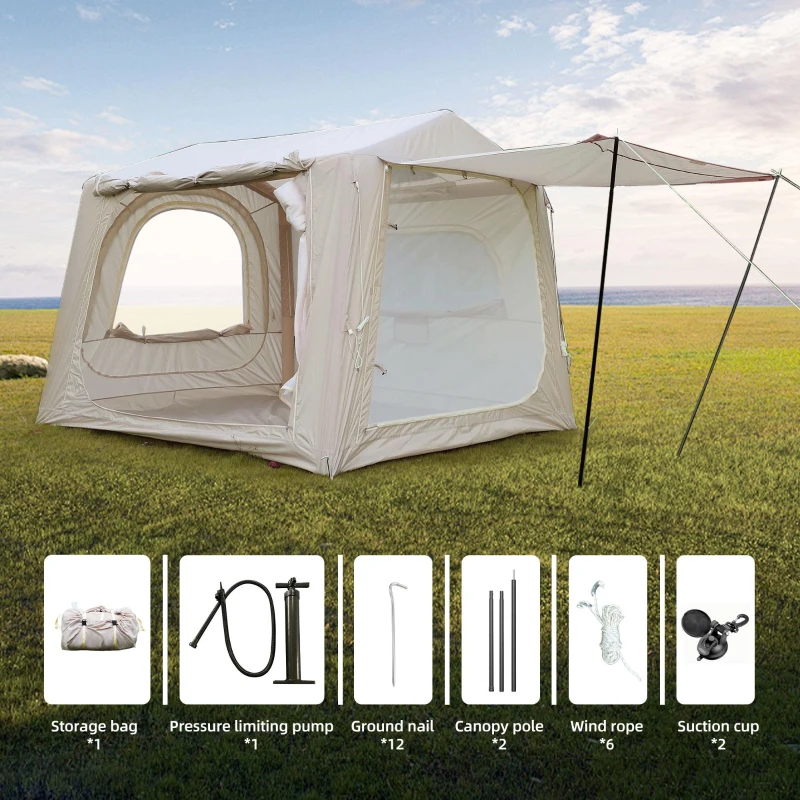 2-In-1 Inflatable Camping Tent with PU3000mm Waterproof, Sturdy Oxford Tent for 4-6 Person, 118″ L x 98.5″ W x 83″ H, Beige