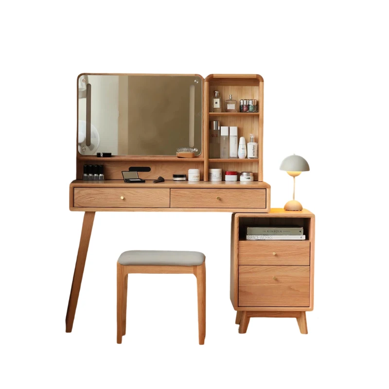 Modern Makeup Vanity Set with Rectangle Mirror and Drawers, Spacious Dressing Table Set for Bedroom, 35.5″ L x 15.5″ W x 29.5″ H, Oak