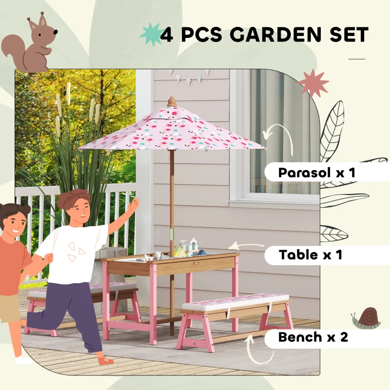 Qaba Kids Picnic Table and Bench Set with Removable Umbrella, Cushions & Boxes, Flamingo Theme for Outdoor, Pink