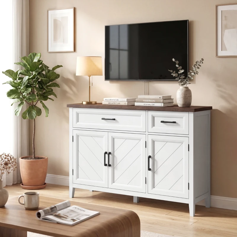 HOMCOM Sideboard Buffet Cabinet, 44" Farmhouse Kitchen Cabinet with 3 Chevron Doors, 2 Drawers and 2 Adjustable Shelves, White