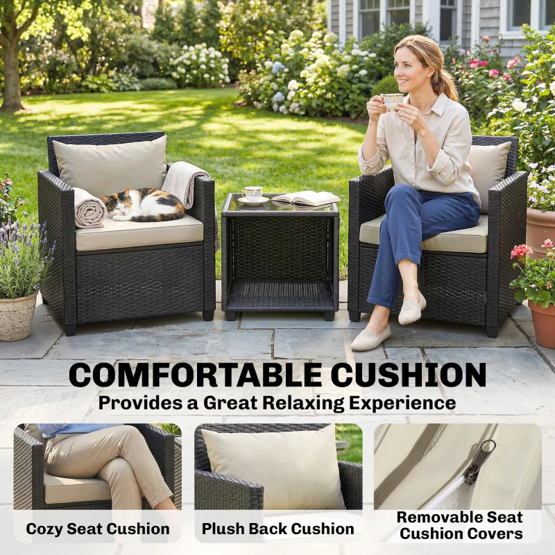 Outsunny 3 Piece Patio Bistro Set, Wicker Furniture Set with Thick Cushions, Glass Coffee Table and Chairs for Garden, Beige