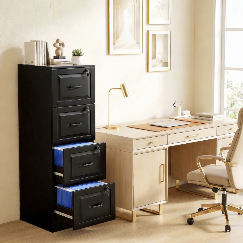 HOMCOM 4 Drawer File Cabinet with Lock, Vertical Filing Cabinet with Adjustable Hanging Bars for A4 and Letter Size, Black