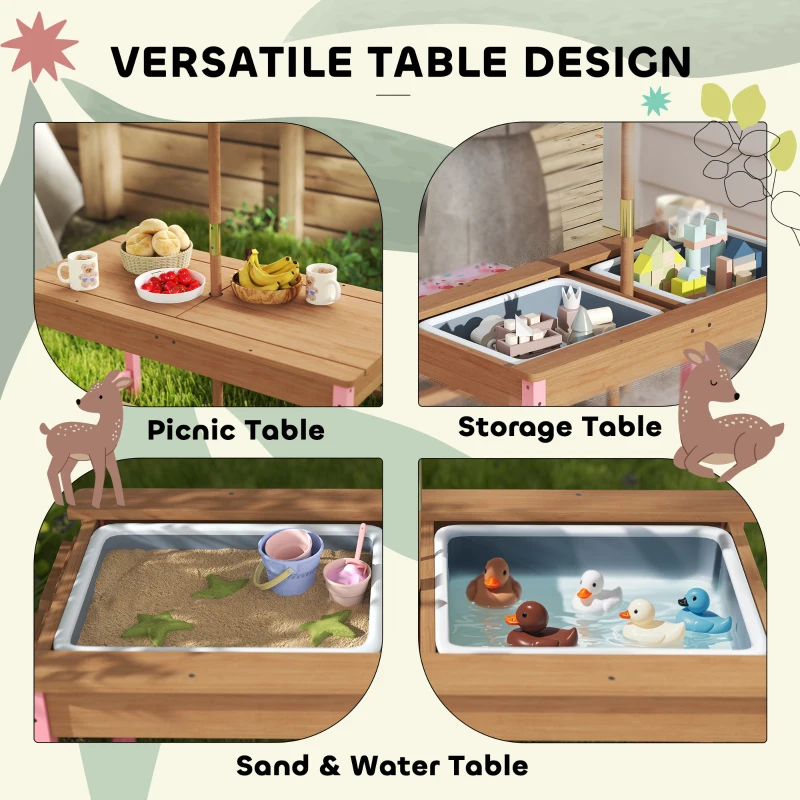 Qaba Kids Picnic Table and Bench Set with Removable Umbrella, Cushions & Boxes, Flamingo Theme for Outdoor, Pink