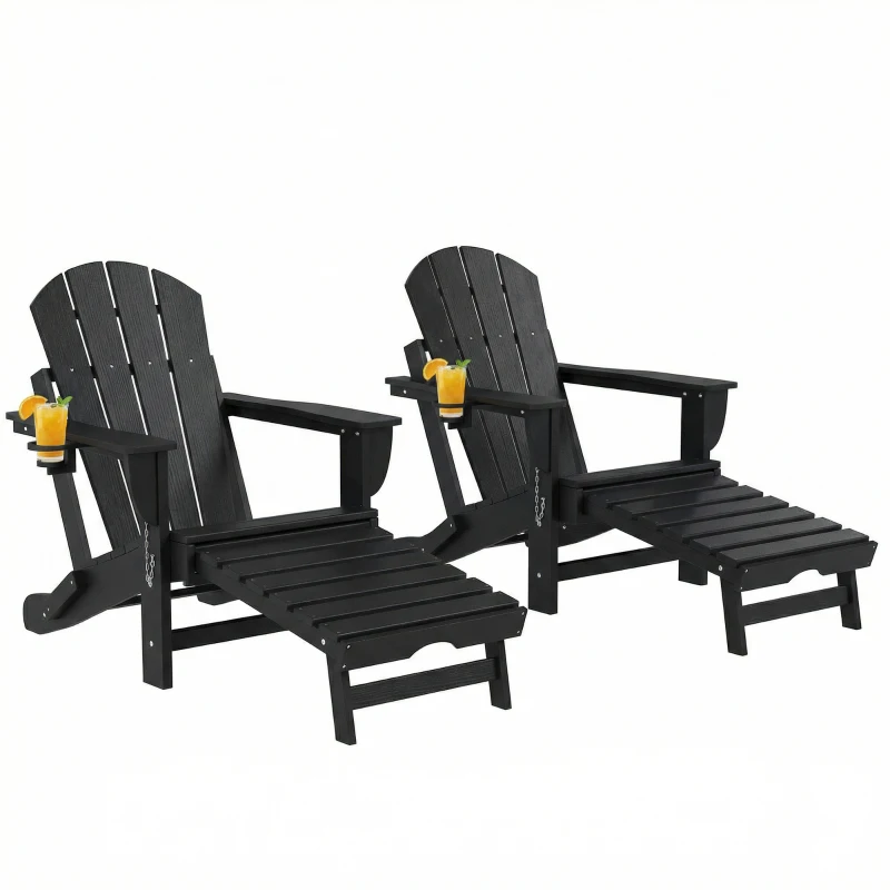 Outsunny Folding Adirondack Chair Set of 2, HDPE Fire Pit Chair with Retractable Ottoman and Cup Holder, Black