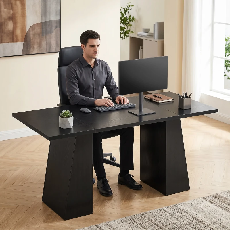HOMCOM 63 Inch Computer Desk with Trapezoidal Frame Light Black Wood Grain