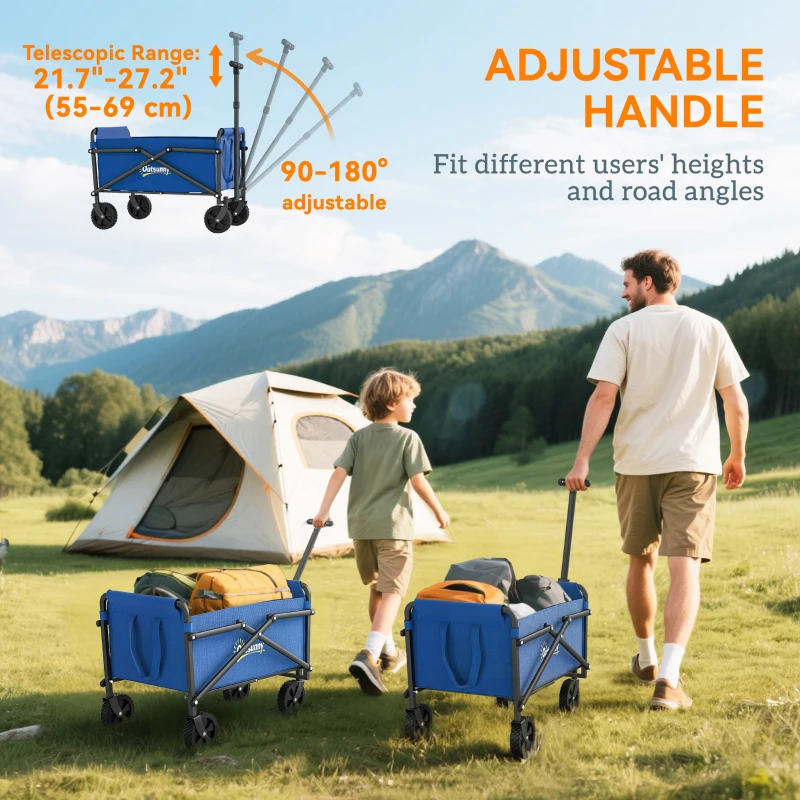 Outsunny Small Collapsible Folding Garden Cart, Heavy Duty Lawn Wagon with Universal Wheels and Adjustable Handle, Blue