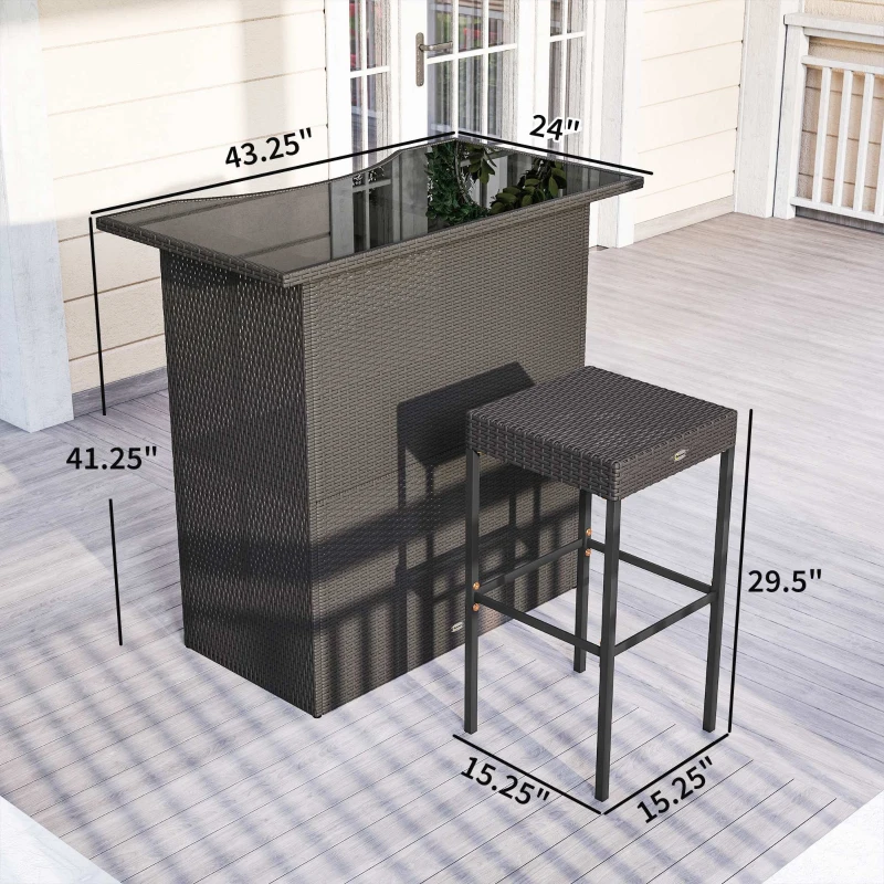 Outsunny 5 Piece Rattan Wicker Bar Set, High Top Outdoor Table and Chairs, Bar Height Patio Set, 2 Shelves & 4 Bar Stools, Brown