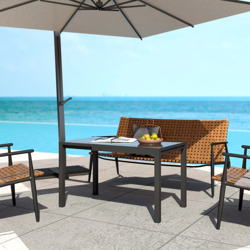 Outsunny Extendable Patio Dining Table, 33.5"-49.2" Adjustable Outdoor Dining Table for 4-6 Person, with Tempered Glass Top, Metal Frame, for Lawn, Garden, Dark Grey