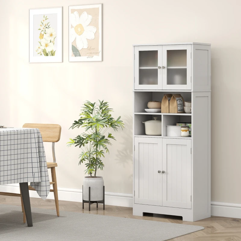 HOMCOM 57" Kitchen Pantry, Freestanding Pantry Storage Cabinet with Glass Doors, Adjustable Shelves, Open Compartments, White