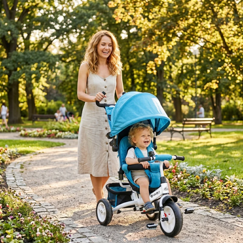 Qaba 6 in 1 Tricycle for Toddler 1-5 Years with Parent-Push Handle, Blue