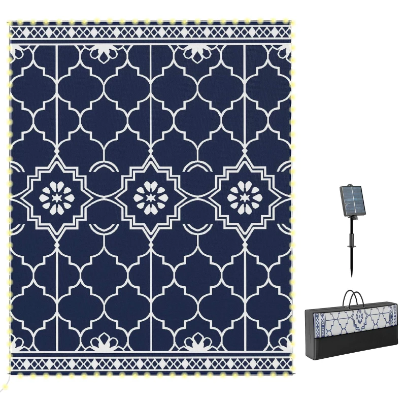 Outsunny Reversible Outdoor Rug Carpet with LED Lights, 10' x 8' PP Straw Rug with Carry Bag and Ground Stakes