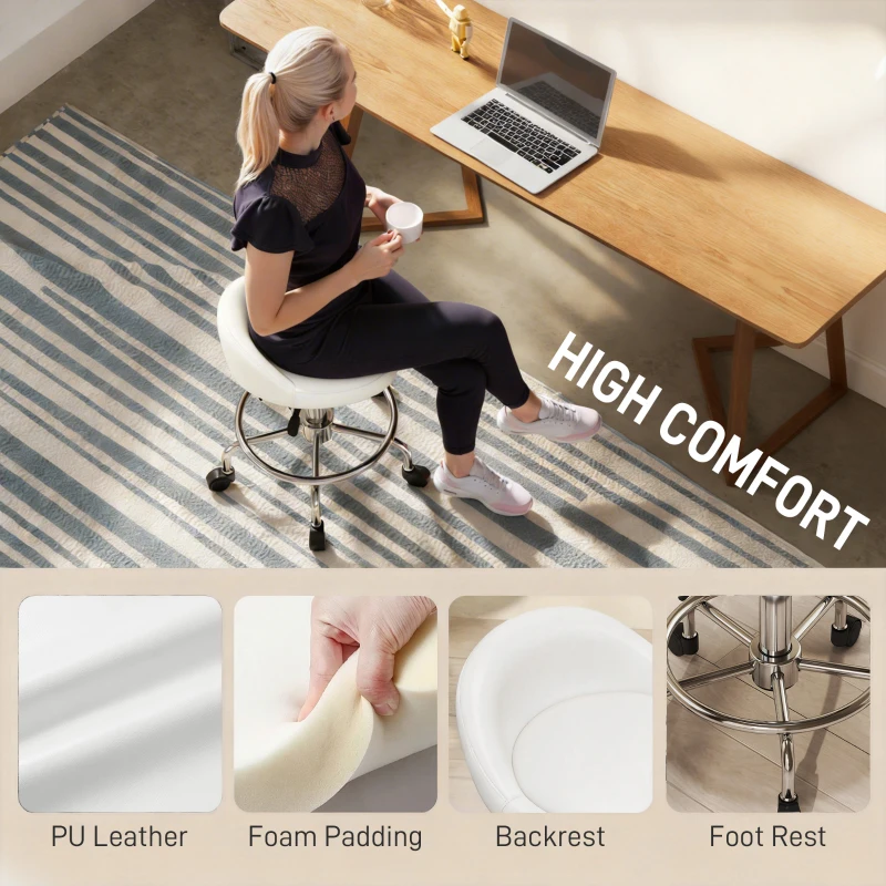 HOMCOM PU Leather Rolling Stool, Height Adjustable Swivel Salon Chair with Backrest and Foot Rest for Spa, Tattoo, White