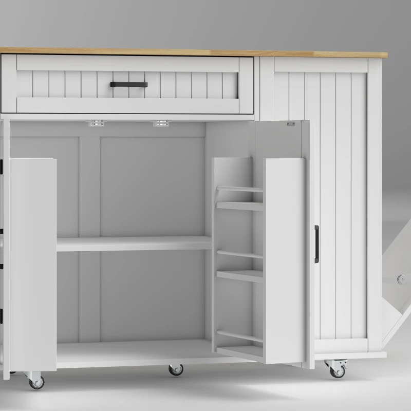 HOMCOM Kitchen Island Cart, Portable Kitchen Island Table with Charging Station, Rubber Wood Drop Leaf, Trash Storage, White