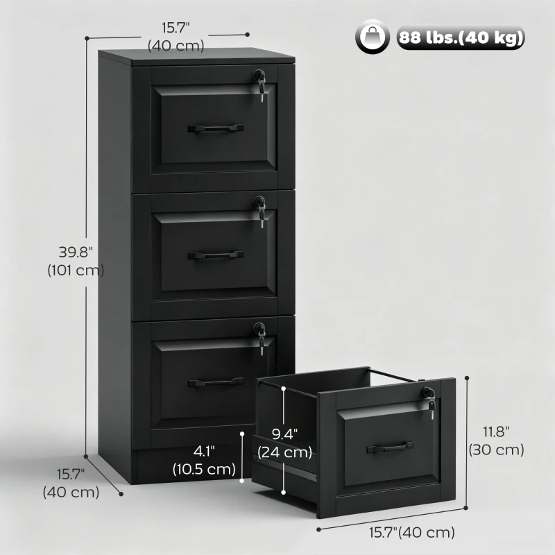 HOMCOM 3 Drawer File Cabinet with Lock, Vertical Filing Cabinet with Adjustable Hanging Bars for A4 and Letter Size, Black