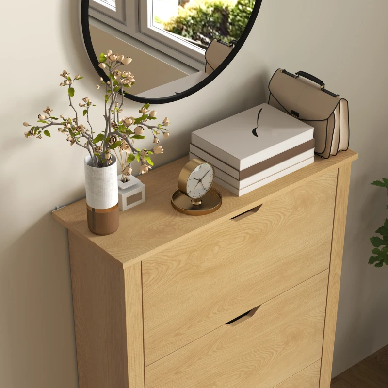 HOMCOM Shoe Storage Cabinet with 3 Flip Drawers and Adjustable Shelves for 12-18 Pairs of Shoes, Natural Wood