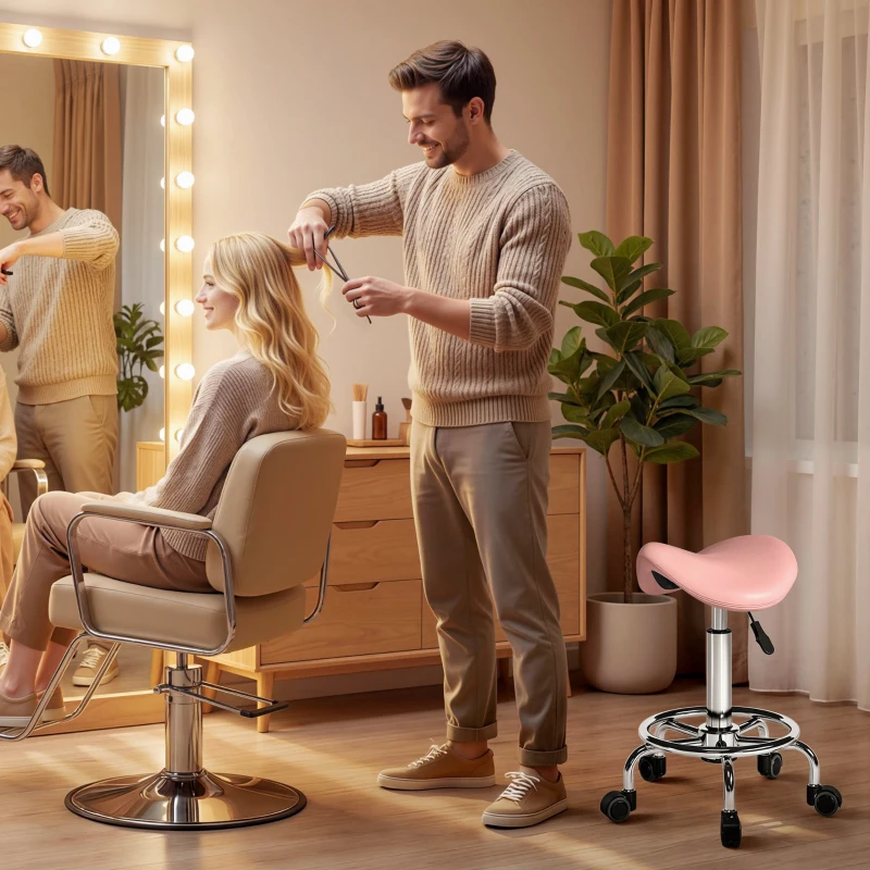 HOMCOM Saddle Stool, PU Leather Adjustable Rolling Salon Chair, Pink