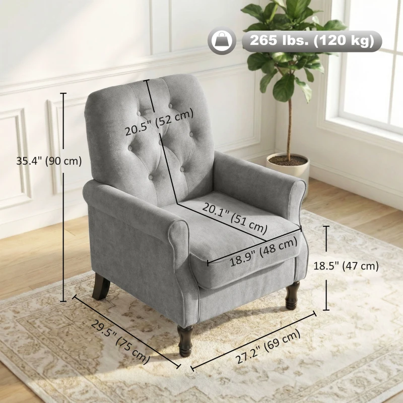HOMCOM Accent Chair, Mid-Century Modern Armchair with Thick Padded Seat, Spring Cushion, Solid Wood Legs, Grey