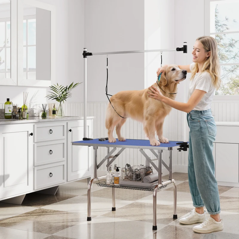 PawHut Adjustable Dog Grooming Table with 2 Safety Slings, Storage Basket, Blue
