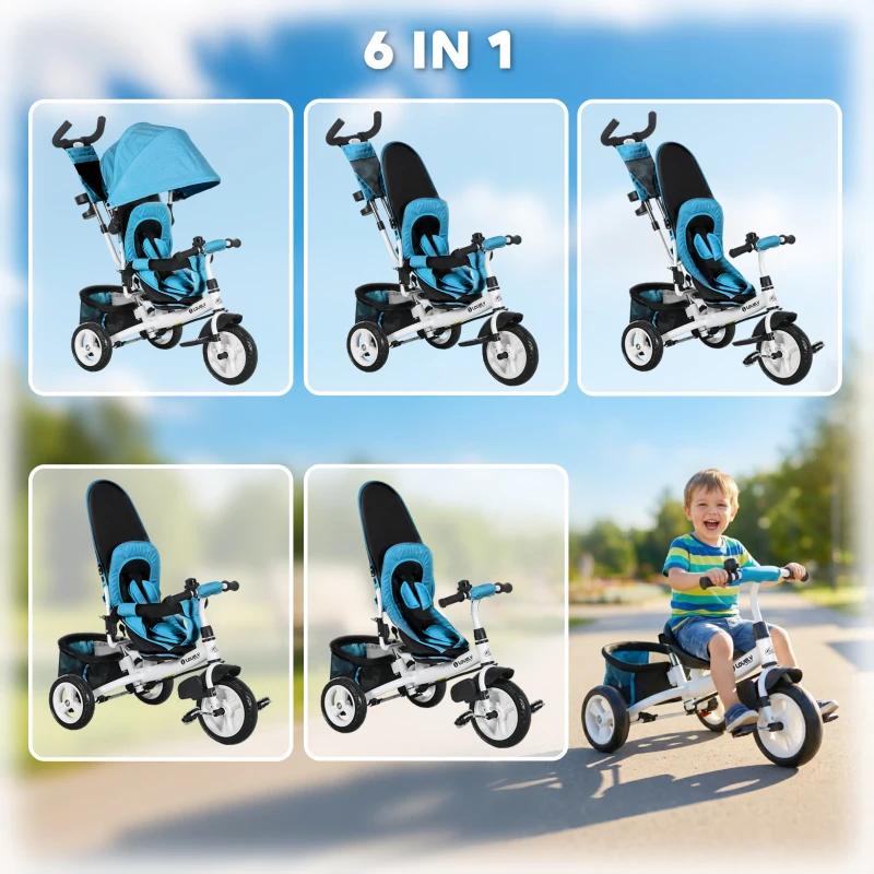 Qaba 6 in 1 Tricycle for Toddler 1-5 Years with Parent-Push Handle, Blue