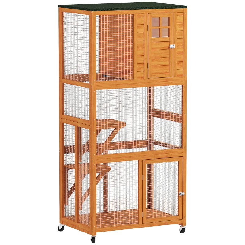 PawHut 74" Wooden Outdoor Cat House Weatherproof & Wheeled with High Weight Capacity, Kitten Cage Condo, Orange