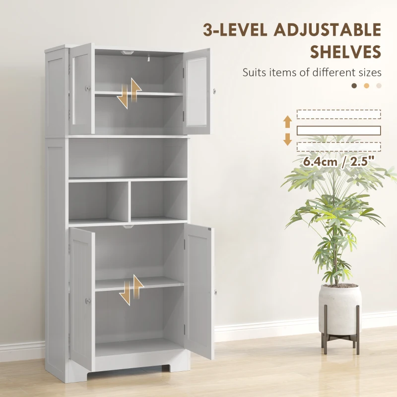 HOMCOM 57" Kitchen Pantry, Freestanding Pantry Storage Cabinet with Glass Doors, Adjustable Shelves, Open Compartments, White