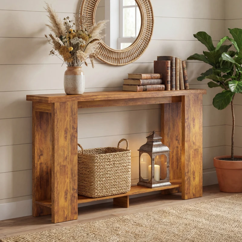 HOMCOM Farmhouse Console Table, 63" Narrow Entryway Table with Thickened Tabletop for Living Room, Hallway, Distressed Brown