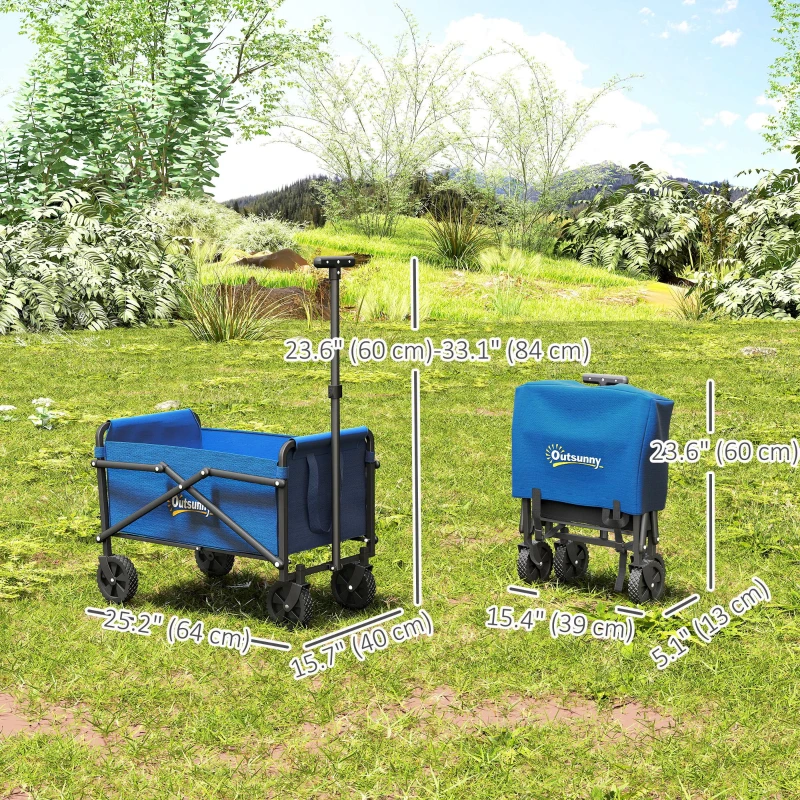 Outsunny Small Collapsible Folding Garden Cart, Heavy Duty Lawn Wagon with Universal Wheels and Adjustable Handle, Blue