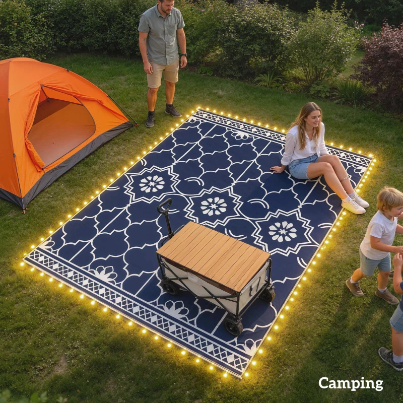 Outsunny Reversible Outdoor Rug Carpet with LED Lights, 10' x 8' PP Straw Rug with Carry Bag and Ground Stakes