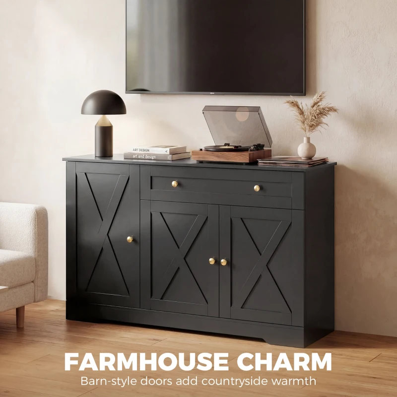 HOMCOM Sideboard Buffet Cabinet, Farmhouse Coffee Bar Cabinet with Door Shelves, Adjustable Shelves, Drawer, Barn Doors, Black